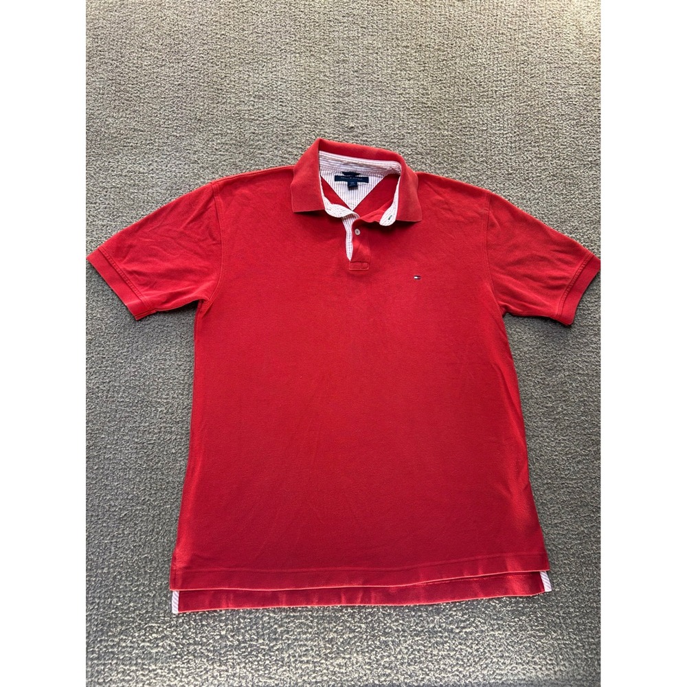 Tommy Hilfiger Mens Red Pique Cotton Short Sleeve Polo Shirt Large Striped Trim